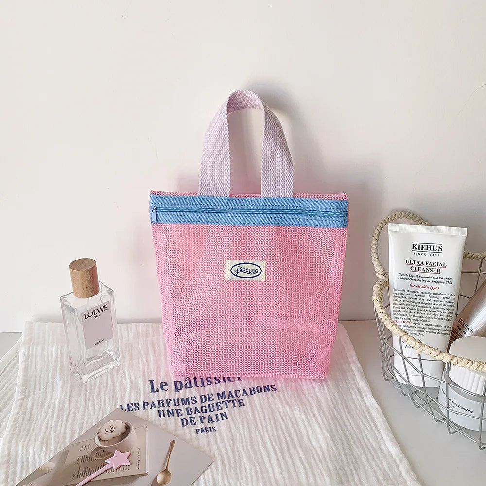 Vibrant Bright Color Summer Mesh Tote | Small Hollow-Out Cosmetic & Toiletry Bag | Foldable Portable Mesh Handbag for Beach & Travel (Model SHB01) Luxegan