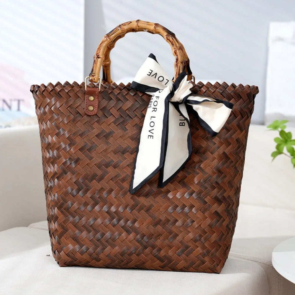 Women's Woven Large Capacity Bamboo Handle Handbags | Crochet Bag & Casual Female Shopping Tote (Vacation Beach Bag) Luxegan