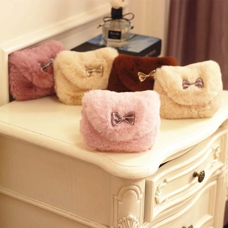 Children's Winter Plush Faux Fur Shoulder Bag | Princess Girl’s Soft Messenger Bag | Kids' Fashion Animal Print Handbag | Cozy Cotton-Lined Mini Backpack & Coin Purse Luxegan