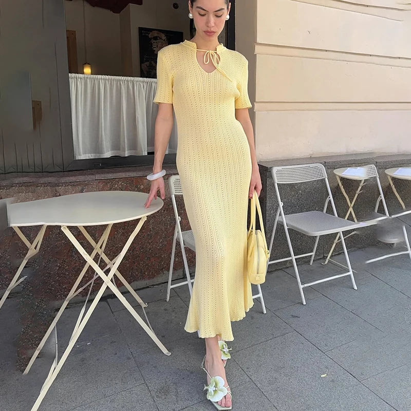 Solid Stand Collar Short Sleeve Slim Fit A-Line Knit Dress – Natural Waist, Summer | Short & Long