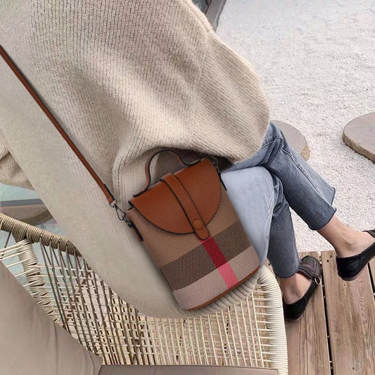 Fashionable Women's Mini Bag | Plaid Canvas & Genuine Cowhide Patchwork Handbag | Elegant Single Shoulder Crossbody & Portable Small Bag Luxegan