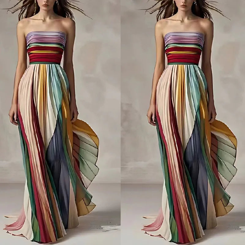 Patchwork Print Strapless Maxi Dress | Sleeveless A-Line Holiday & Party Dress Luxegan