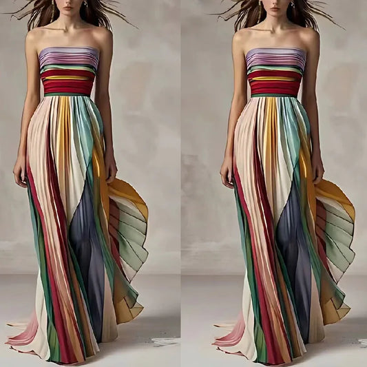 Patchwork Print Strapless Maxi Dress | Sleeveless A-Line Holiday & Party Dress Luxegan