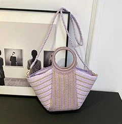 Large Capacity Straw Braid Handbag | Fashion Color-Matching Striped Shoulder Bag | Designer Style Casual Tote & Versatile Summer Beach Bag for Women Luxegan