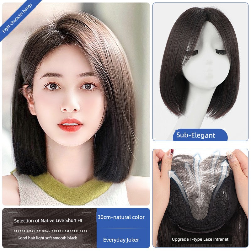 Natural Full-Head Human Hair Wig | Classy Collarbone Length Short Straight Wig with Oblique Bangs for Women (Sweet & Lovely, Elegant Style) Luxegan