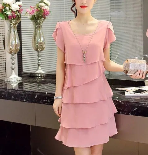 Women's Summer Solid Ruffle Shift Dress | Wave-Cut Short Sleeve Chiffon Sundress | Sweet Knee-Length Regular Fit All-Match Casual Dress Luxegan