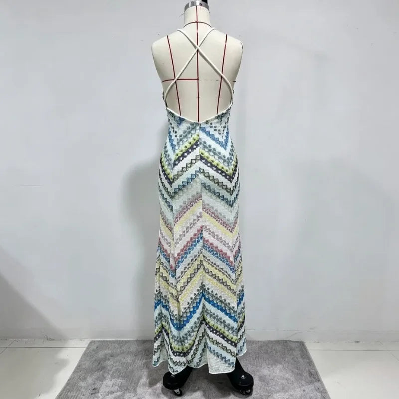 Geometric V-Neck Sleeveless Backless Regular Fit A-Line Floor-Length Dress – Natural Waist, Summer Luxegan