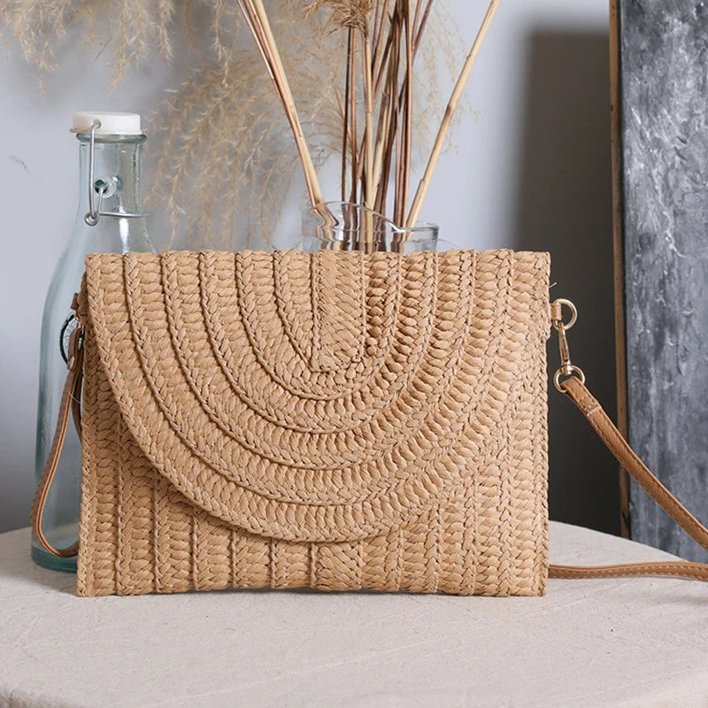 Handmade Woven Straw Envelope Clutch | Sophisticated Fur-Accent Shoulder Bag | Elegant Summer Crossbody Purse | "Dignified" Soft Beach Handbag for Versatile Vacation Styling Luxegan