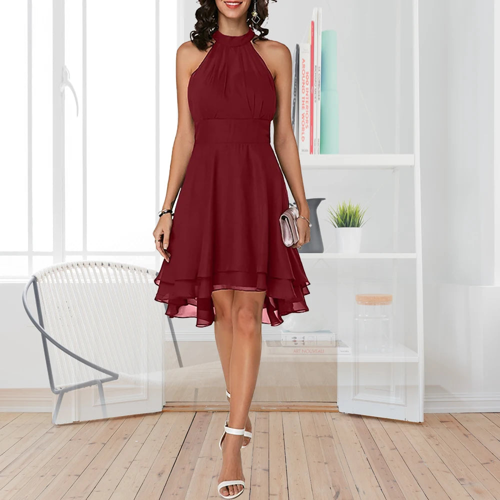 Solid Halter Sleeveless Gauze Overlay Slim Fit A-Line Mid-Calf Dress – Natural Waist, Summer Luxegan