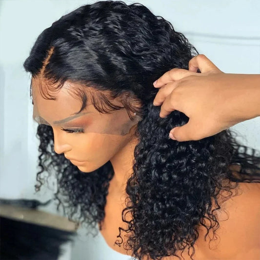 Deep Curly Short Bob Human Hair Wig - 13x4 Transparent Lace Frontal & Deep Wave Part Wig - 100% Brazilian Remy Human Hair Glueless Natural Black Curly Bob Wig for Women Luxegan