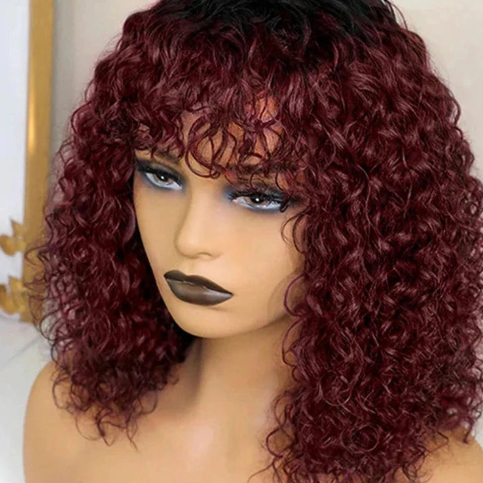 150% Density Peruvian Wet & Wavy Short Pixie Bob Wig with Bangs - Full Machine-Made Glueless Jerry Curly Tutu Wig - 100% Remy Human Hair Wear-and-Go Highlight Fringe Wig for Women (14-20 Inch) Luxegan