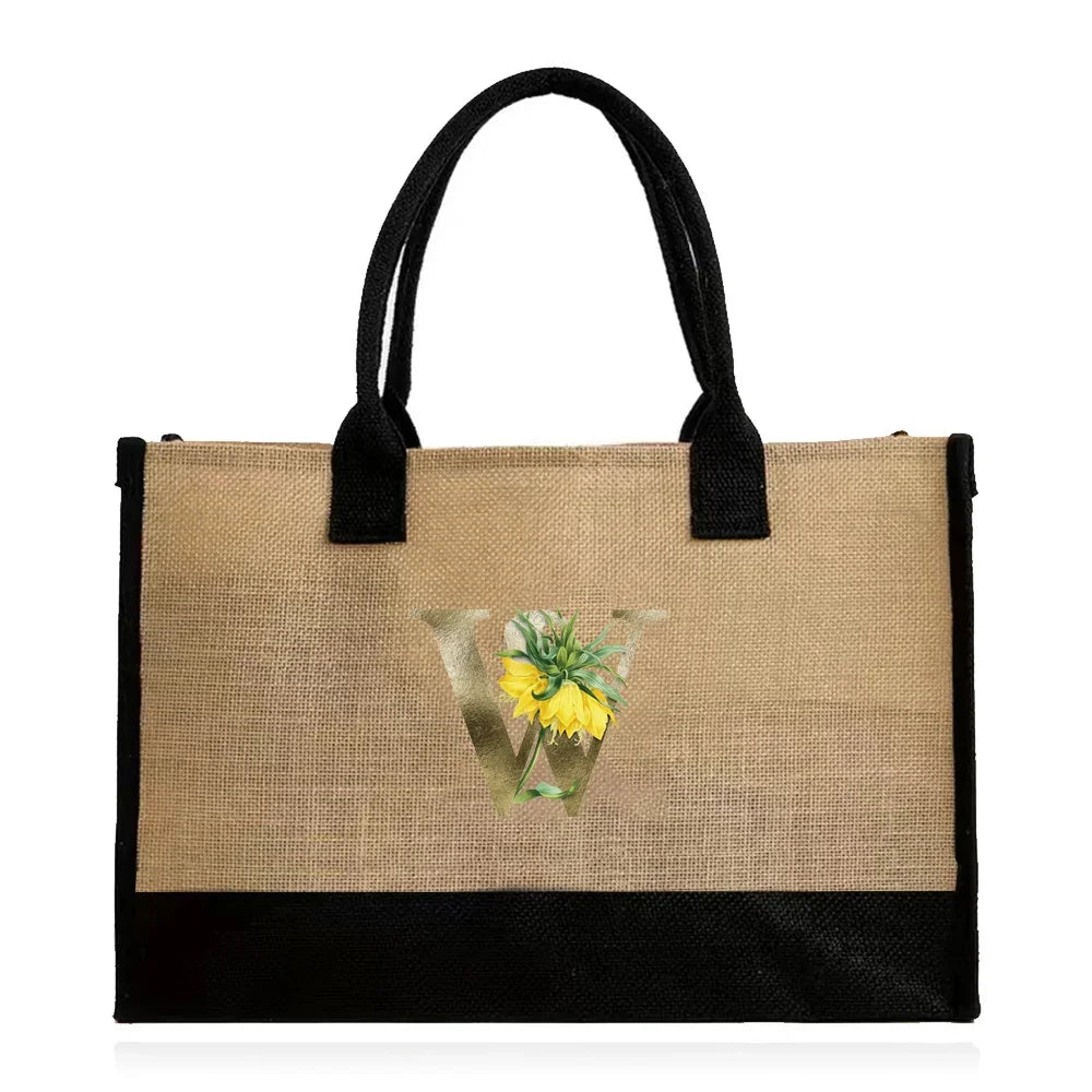 Handmade Jute & Canvas Beach Shopper | Large Capacity Portable Grocery Organizer | Eco-Friendly Woven Women’s Handbag with Golden Flower Pattern Luxegan