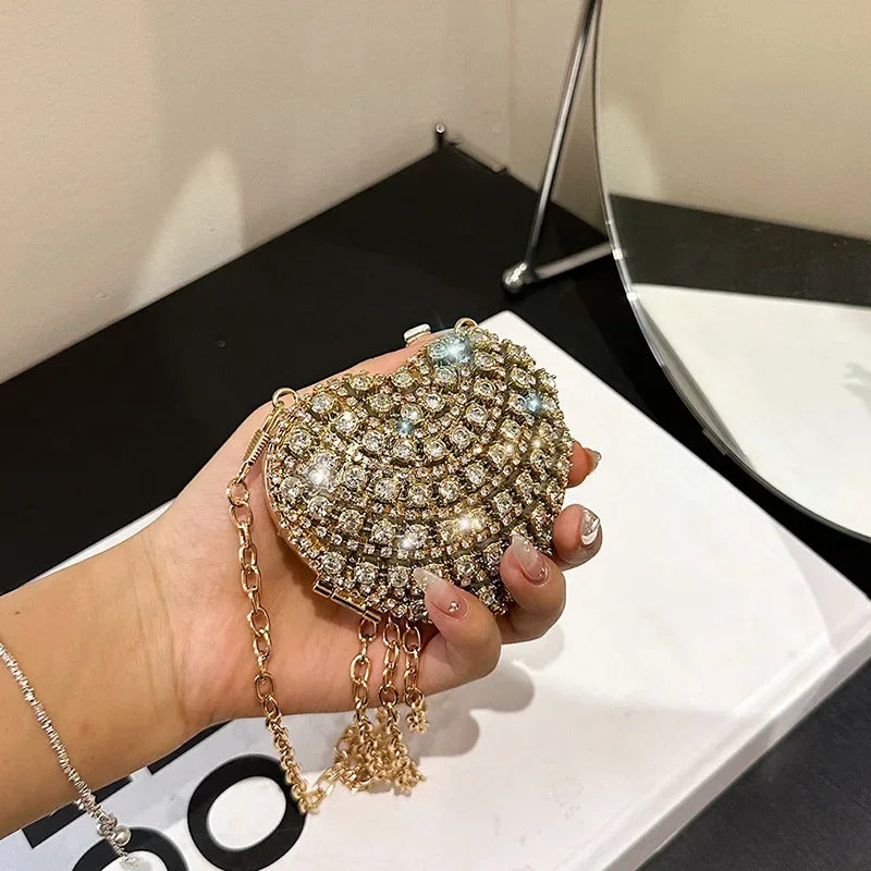 Luxury Mini Diamond Inlay Heart-Shape Crystal Clutch | Rhinestone Evening Bag Luxegan