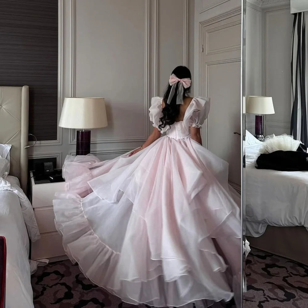 Charming Pink Organza A-Line Prom Dress | Spaghetti Strap Scoop Neck Formal Gown | Sleeveless Candy-Color Pastoral Floor-Length Evening Dress Luxegan
