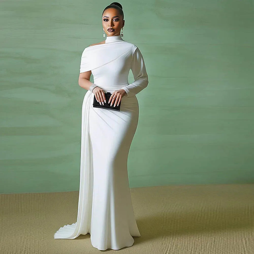 Women's Elegant White One-Shoulder Prom Gown | Customized Halter Cap Sleeve Mermaid Evening Dress | Formal Floor-Length Wedding Guest Dress | Built-In Bra Jersey Vestido Luxegan