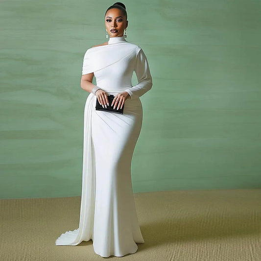 Women's Elegant White One-Shoulder Prom Gown | Customized Halter Cap Sleeve Mermaid Evening Dress | Formal Floor-Length Wedding Guest Dress | Built-In Bra Jersey Vestido Luxegan