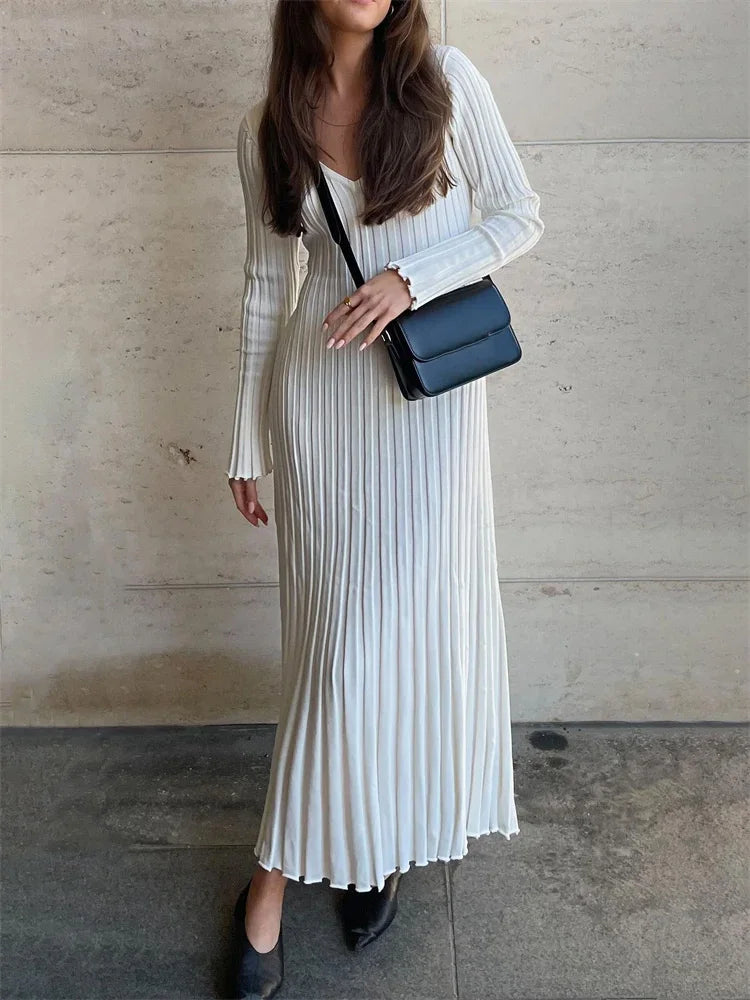 Autumn V-Neck Ribbed Knit Maxi Dress | Sophisticated High-Waist Pleated Gown | Elegant "Butterfly - view 2