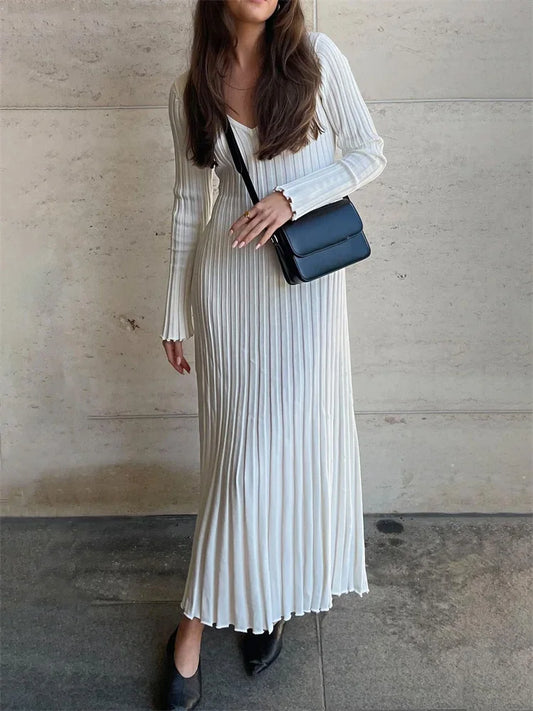 Autumn V-Neck Ribbed Knit Maxi Dress | Sophisticated High-Waist Pleated Gown | Elegant "Butterfly Sleeve" Silhouette | "Dignified" High-Stretch Streetwear for Radiant Versatile Autumn Styling Luxegan