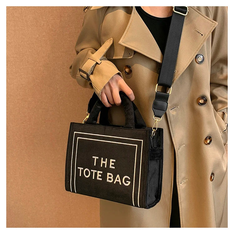 Khaki Velour Letter Print Tote Bag | Soft Medium Shoulder Shopper Luxegan
