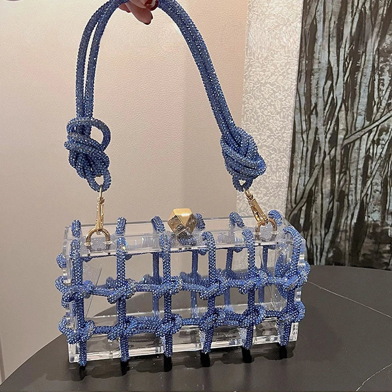 Diamond Clear Acrylic Box Evening Bag | Boutique Woven Knotted Rhinestone Purse | Luxury Party Clutch with Crystal Rope Handle & Metal Chain (Model 1201000988) Luxegan