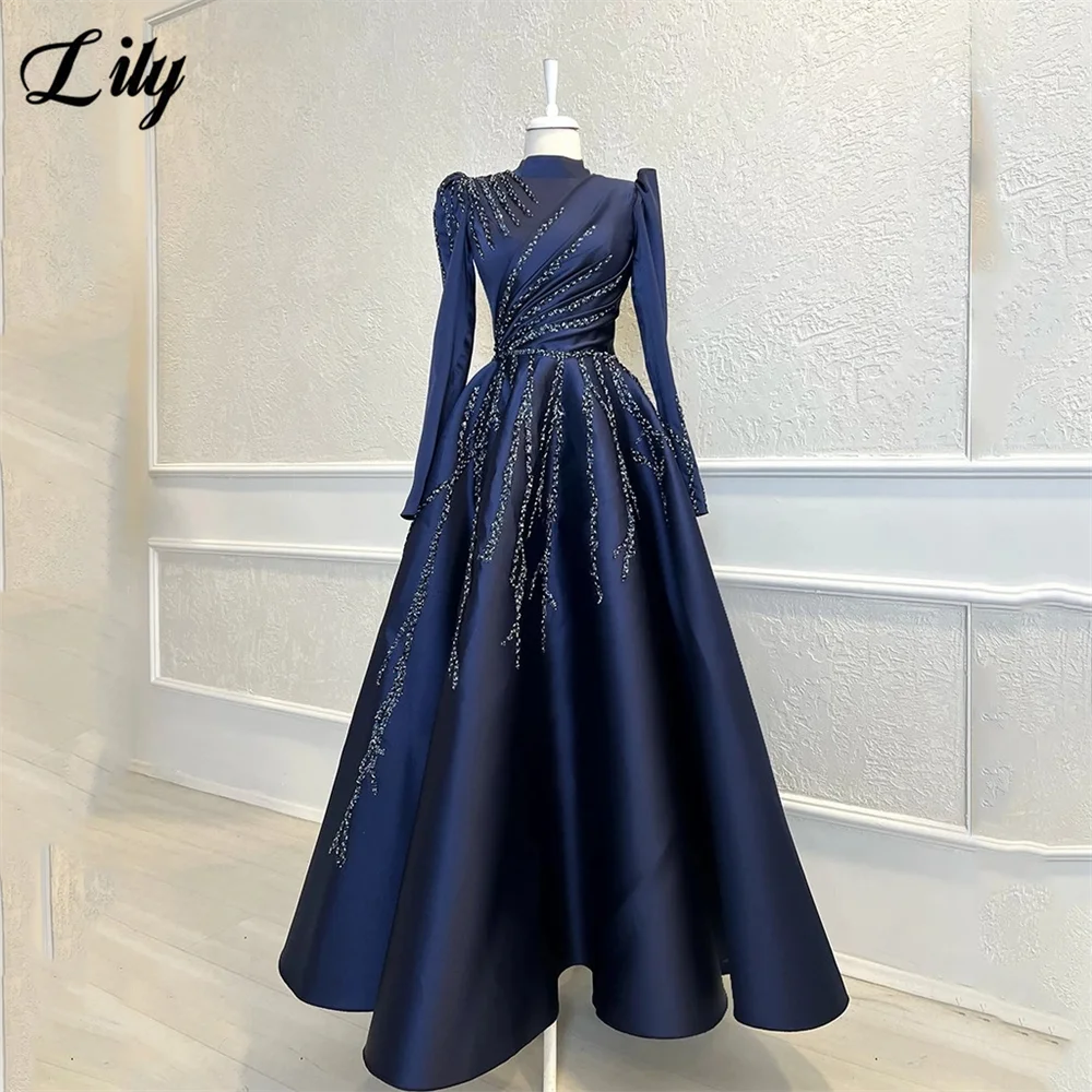 Lily Dark Blue Elegant Prom Dresses Satin High-Neck Long Sleeves Evening Dresses with Beaded Embroidery فساتين السهرةCustomized
