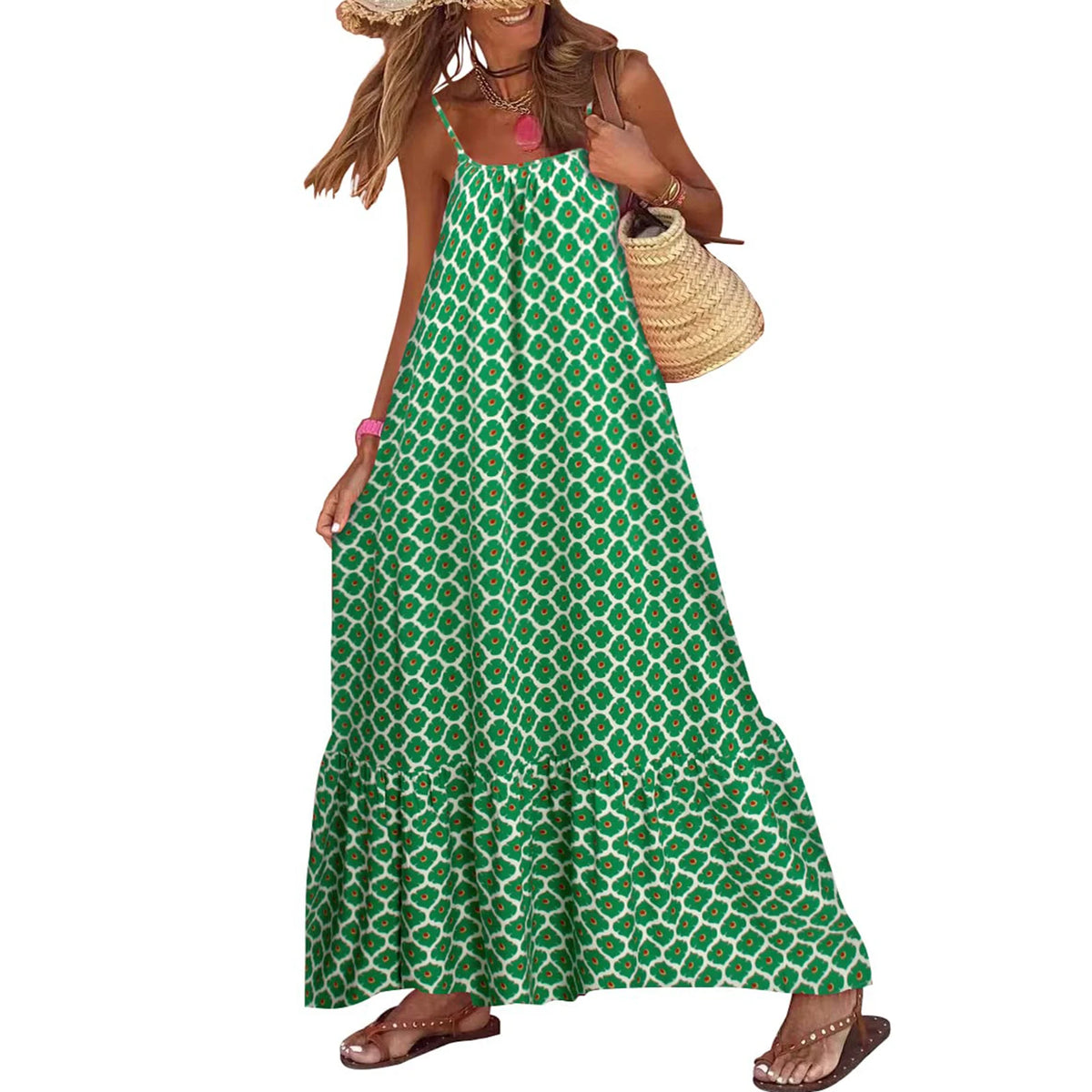 Print Slash Neck Spaghetti Strap Sleeveless Backless Loose Fit A-Line Floor-Length Dress – Slight Stretch Polyester, Empire Waist, Summer Luxegan