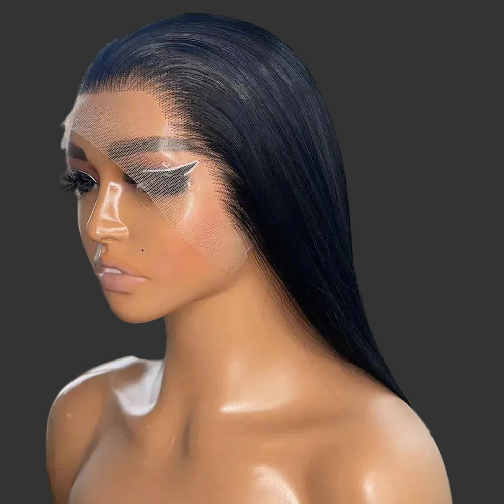 Jet Black Silky Straight Futura Synthetic 13x4 Lace Front Wig - 150% Density Glueless Pre-Plucked Hairline Short Bob Wig - Japan Heat-Resistant Fiber Free Part Wig for Women (#1 Black) Luxegan