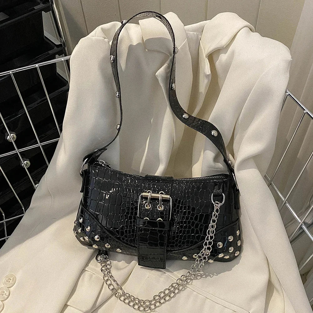 Fashion Women's Y2K Armpit Bag | Luxury Design Pleated Underarm Bag (Solid Color Shoulder Messenger Hobo Handbag with Chains & Rivets) Luxegan