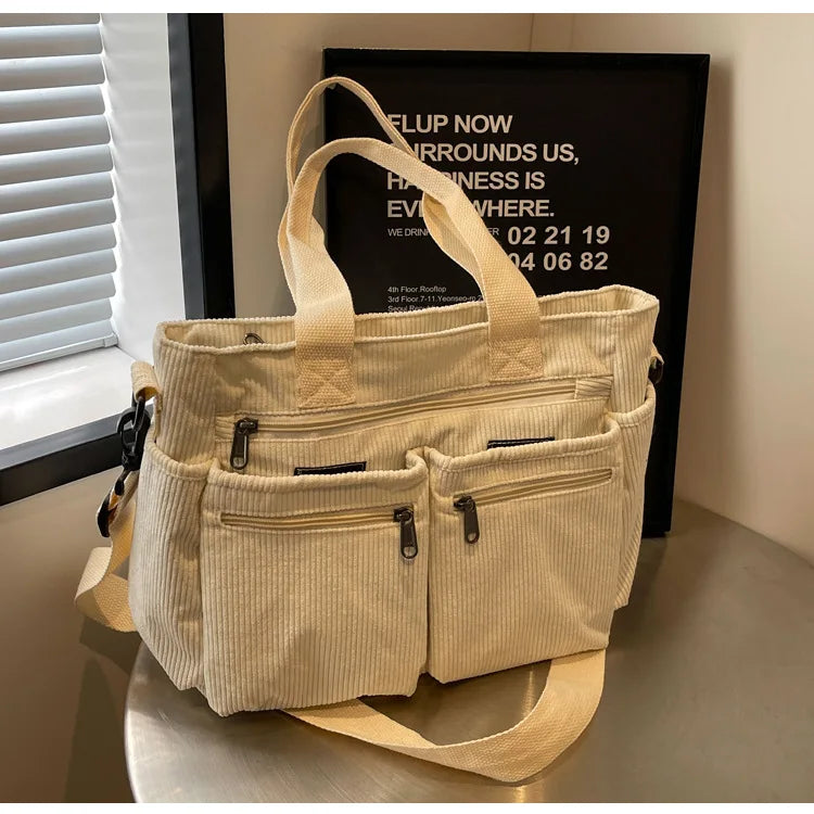 Female Large Capacity Corduroy Tote Bag | New Korean Style Fashion Women's Shoulder Crossbody Bag (Worker Commuter Handlebag)