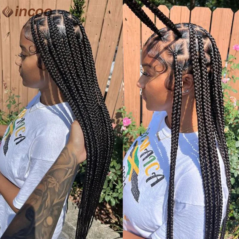 Synthetic Large Box Braided Wigs Jumbo Knotless Full Lace Front Wigs For Black Women Jumbo Tribal Braids Faux Locs Cornrows Wig Luxegan