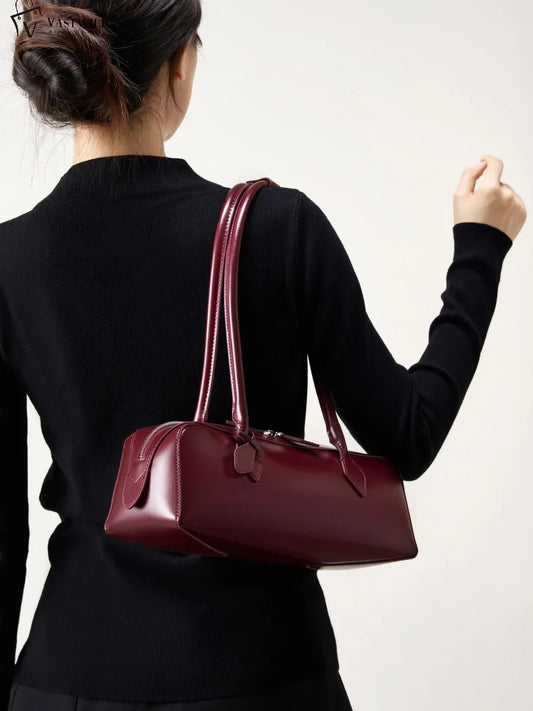 New Genuine Leather Women's Shoulder Bag | Large Capacity Cowhide Luxury Handbag (Long Strip Wine Red Baguette Bag) Luxegan