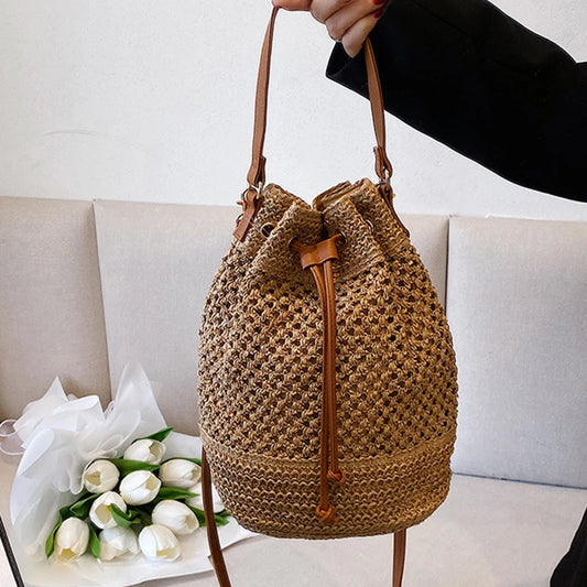 Simple Straw Bucket Bag for Women | Woven Handmade Shoulder Bag & Drawstring Crossbody Bag (Rattan Beach Bag for Girls & Travel Purse) Luxegan