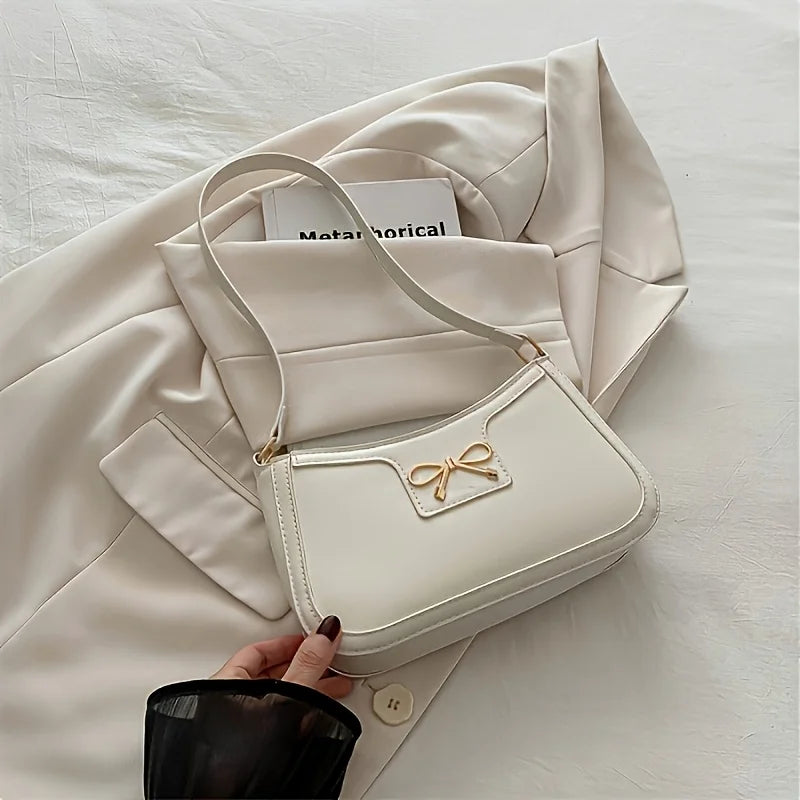 Elegant Solid Color Bowknot Shoulder Bag | Sophisticated Small Square Handbag for Women | Fashion-Forward Sequined Underarm Bag | Trendy PU Leather Casual Tote with Versatile Single Strap Luxegan