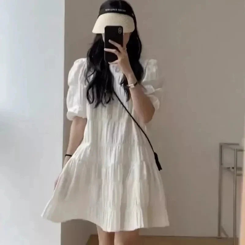 Chiffon Puff Sleeve Midi Dress | O-Neck Empire Waist Loose Beach & Party Dress Luxegan