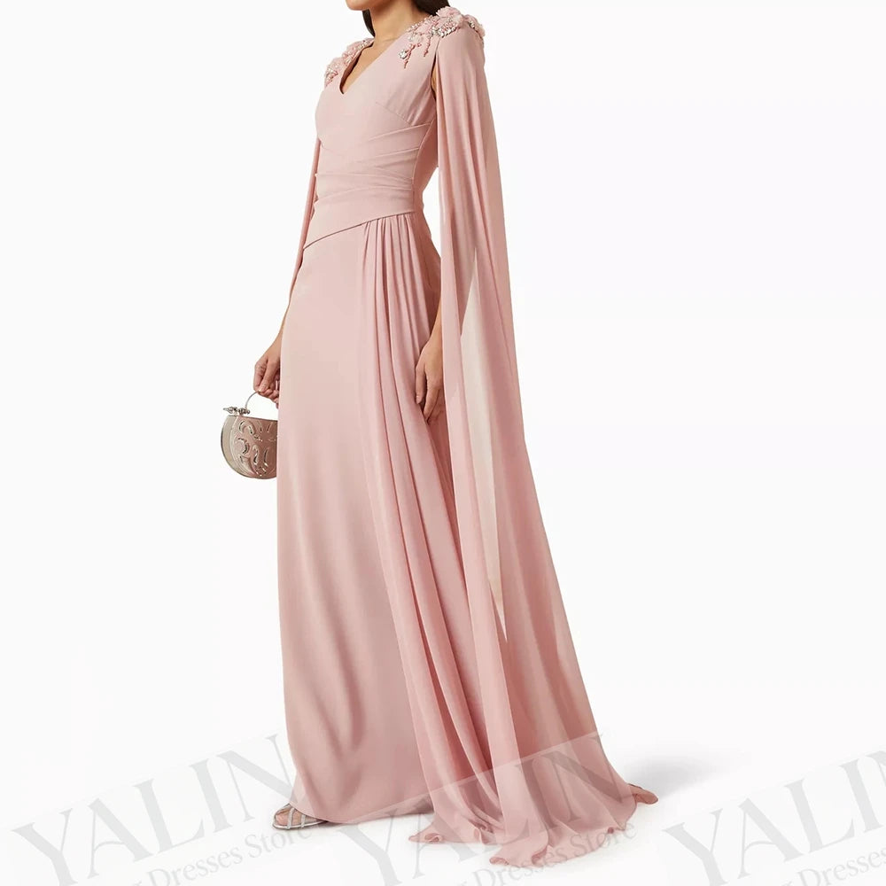  Floral Crystal Stole A-Line Evening Gown | V-Neck Sleeveless Floor-Length Prom Dress Luxegan