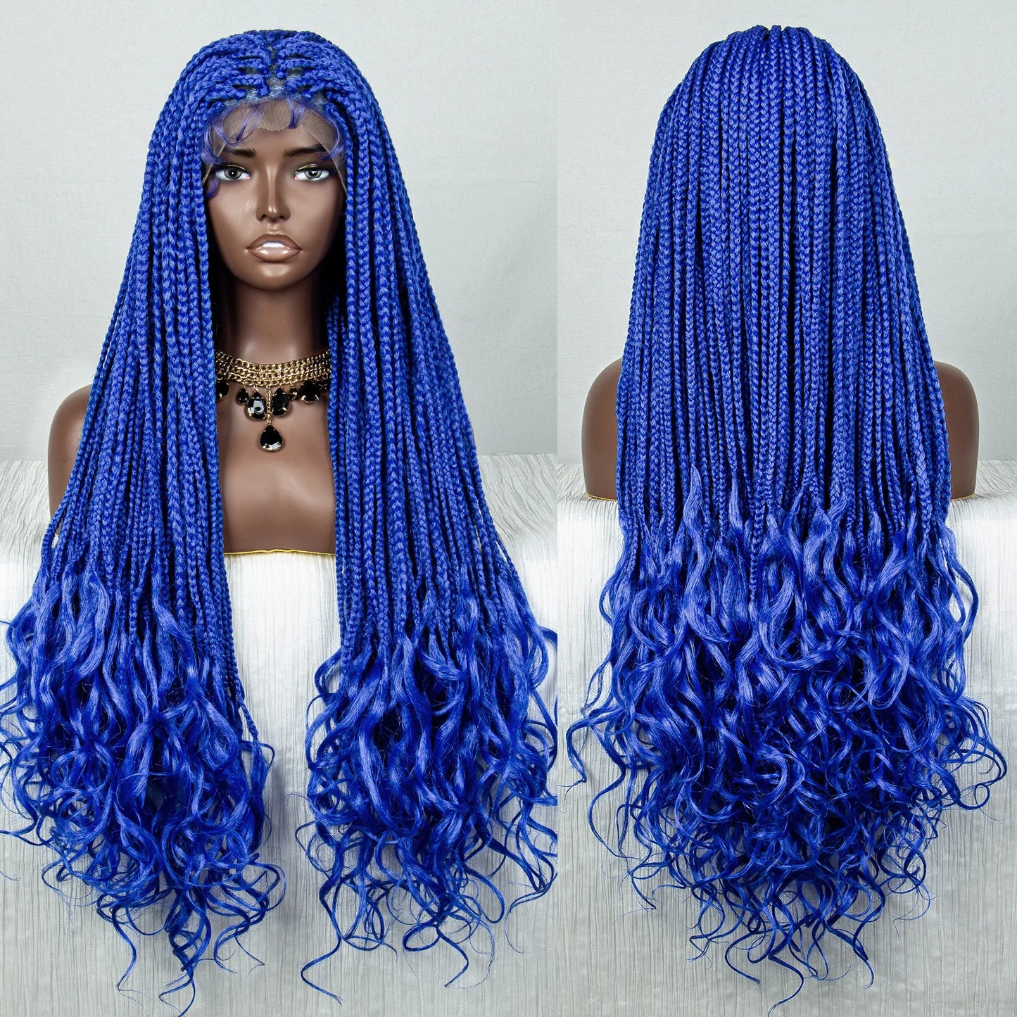 36" Blue Knotless Box Braids Lace Front Wig | Baby Hair | Crochet Braids | Black Women