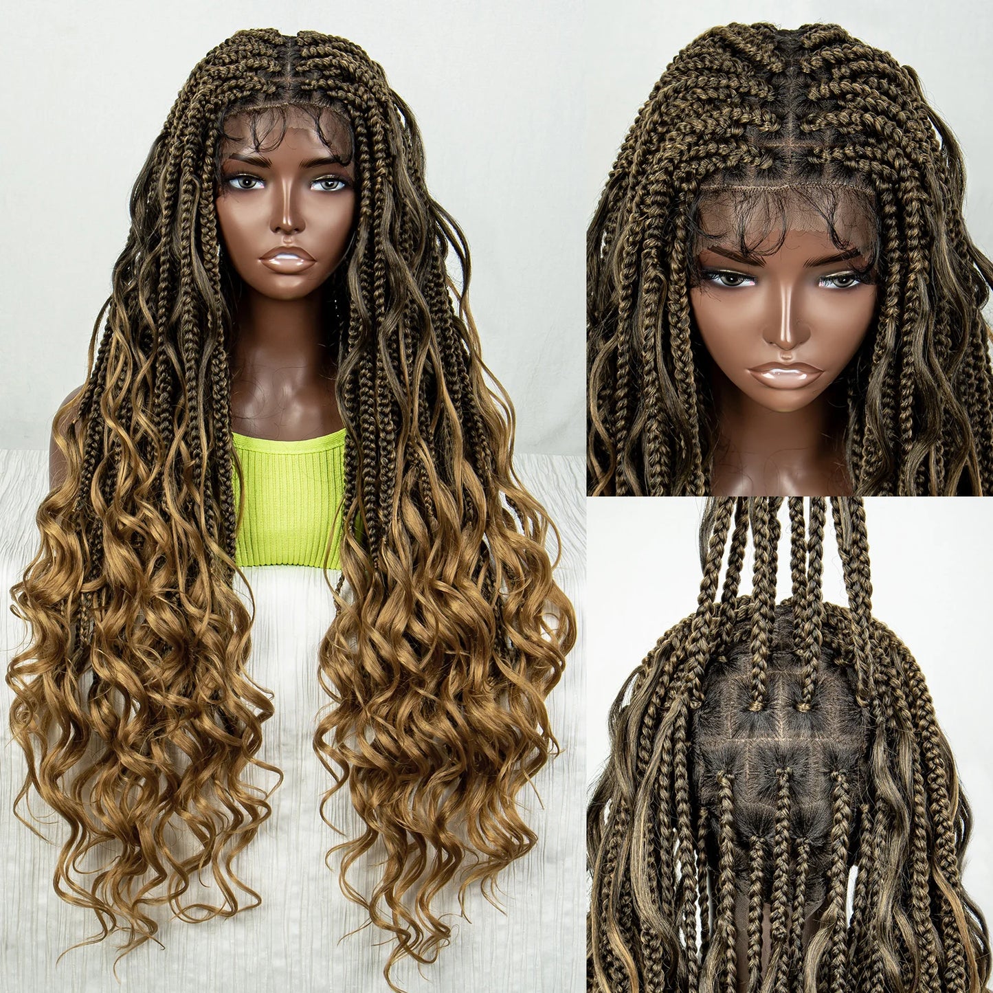 34" Natural Curly Knotless Box Braids Wig | Deep Wave Accents | Full Lace | Baby Hair Luxegan