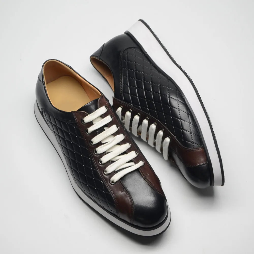 Original Men's Designer Casual Sneakers | Genuine Leather Plaid Derby Skateboard Shoes (Height Increasing) Luxegan