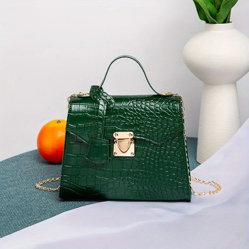 Soft PU Crocodile-Embossed Mini Satchel | Twist Lock Chain Detail Handbag Luxegan