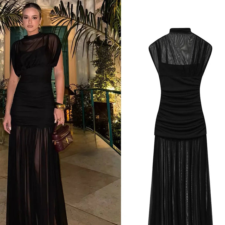 Women's Sexy Mesh Pleated Long Party Dress | Elegant Turtleneck Short Sleeve Evening Gown | Fashion Summer Slim Fit Ankle-Length Club Vestido | Solid Color High Collar Sheath Dress Model K0809260999 Luxegan