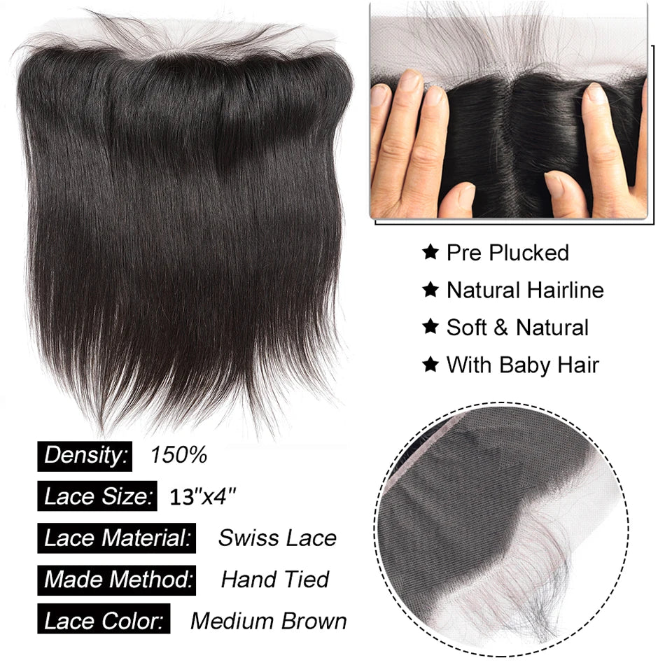 Peruvian Straight Virgin Human Hair Bundles with 13x4 Lace Frontal | 30-Inch Long Straight Bundles with Ear-to-Ear Swiss Lace Closure | Premium 4-Piece Hand-Tied Hair Weaving Multipack Luxegan