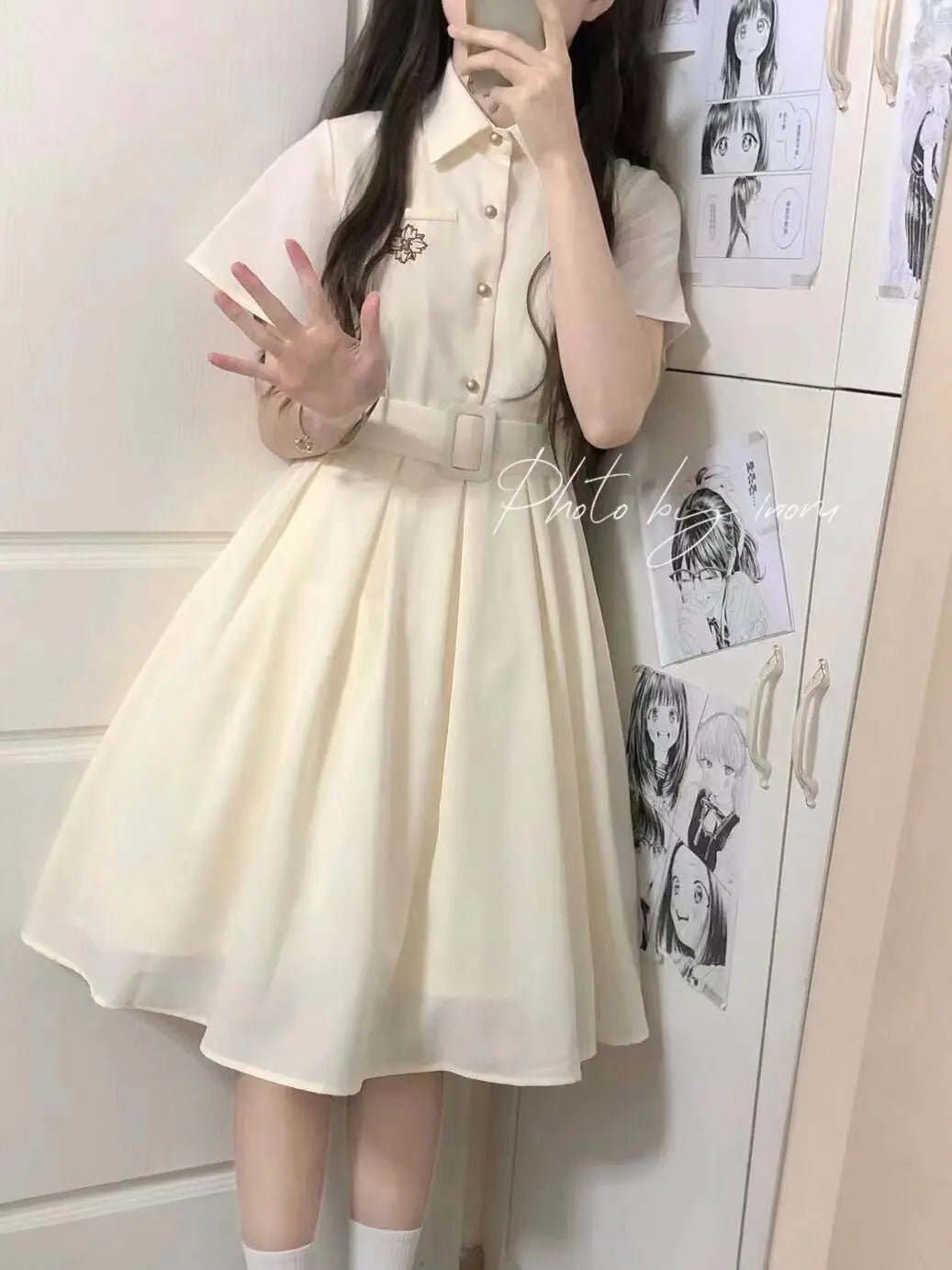 Embroidered Collar Preppy Midi Dress | Short Sleeve A-Line Empire Waist JK Dress Luxegan