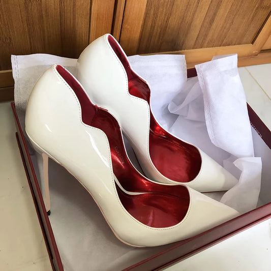Glossy White Elegant Curl-Cut Stilettos | Sophisticated 12cm V-Cut Wedding Pumps | Elegant "Handmade Patent Leather" Silhouette | "Dignified" Sexy Pointed Toe Party Shoes for Radiant Versatile Styling Luxegan