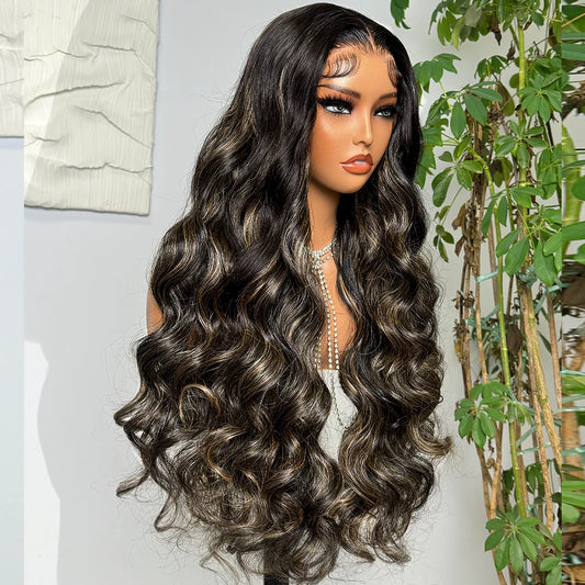 Long Body Wave Highlight Wear-and-Go Glueless 6x6x1 T-Part Lace Closure Wig - Pre-Plucked & Bleached Knots Mixed Hair Wig - Transparent Swiss Lace Human Hair & Synthetic Blend Wig for Women Luxegan