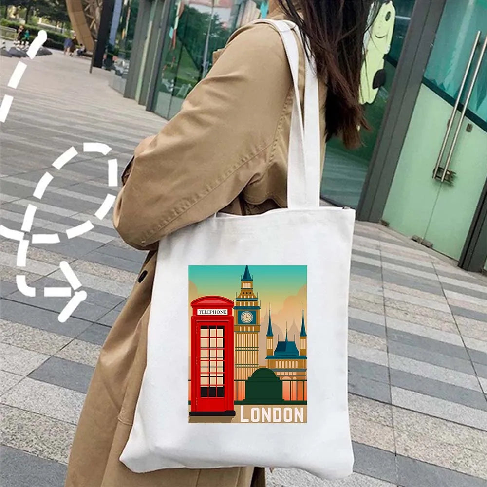 London Big Ben England Map Flag Canvas Tote Bag | UK City Landscape Skyline Shoulder Shopping Handbag (Women's Tourist Gift) Luxegan