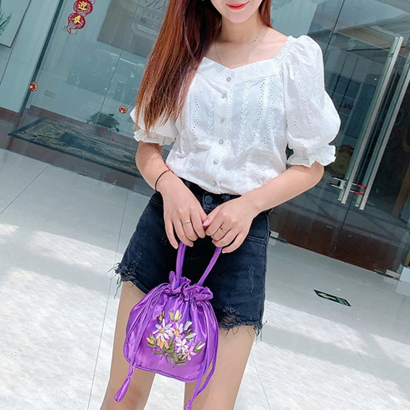 Bolsos Retro Bordados con Cordón Bolsas de Almacenamiento Carteras Monederos Tarjeteros Bolsos de Hombro Tipo Cubo Bolsos de Muñeca