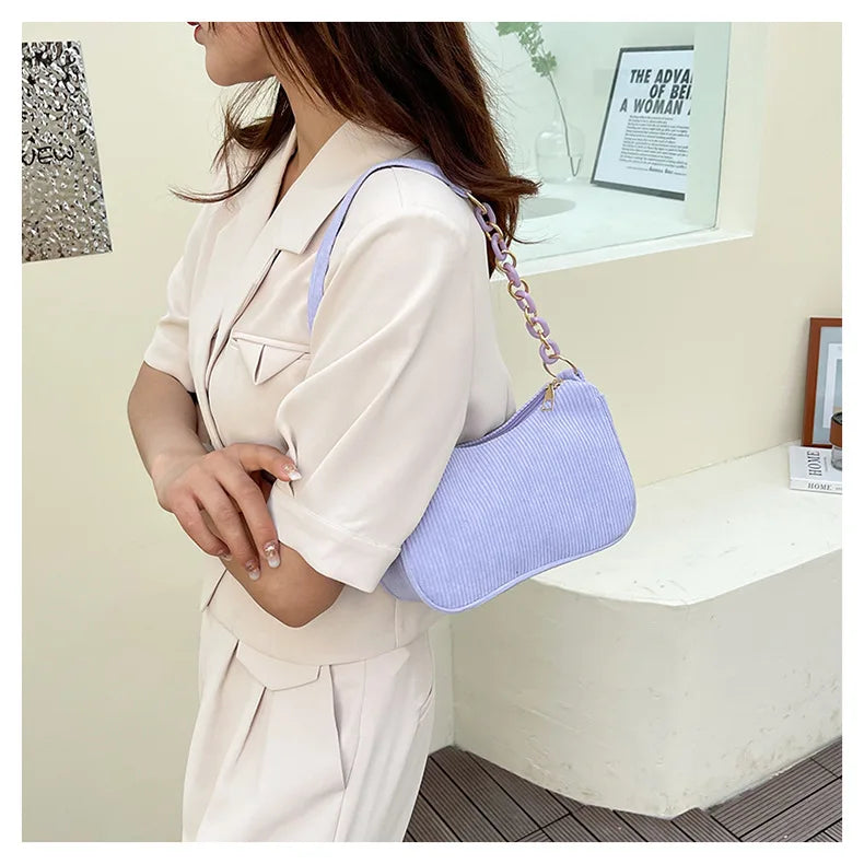 Korean Fashion Vintage Corduroy Underarm Bag | Women's Summer Soft Zipper Shoulder Small Bag | Casual Clutch Handbag Luxegan