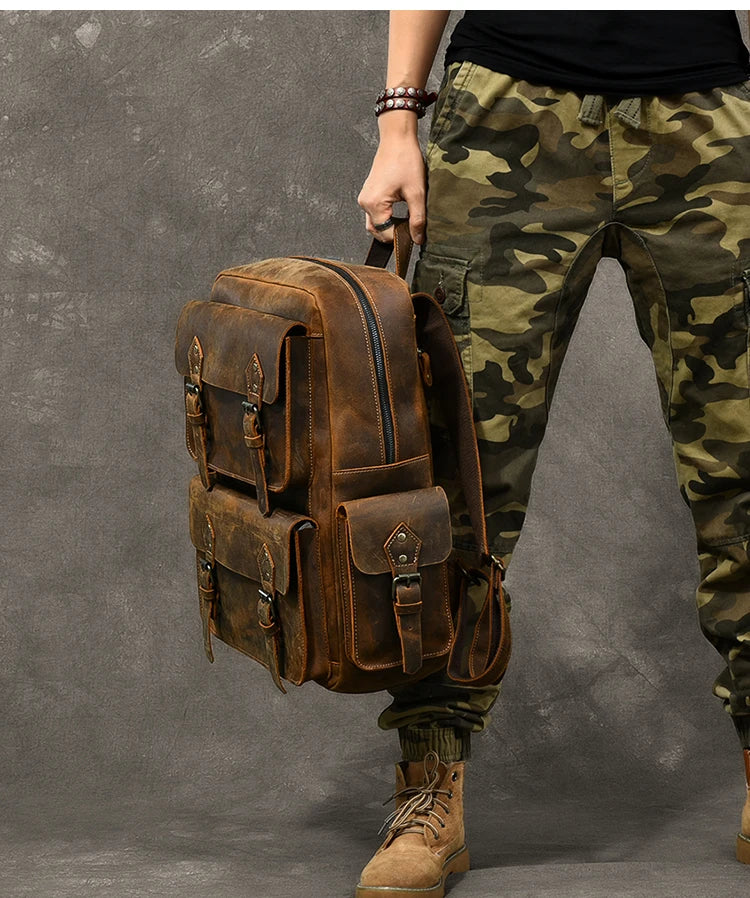 Vintage Crazy Horse Genuine Leather Backpack | Large Capacity Cowhide Travel Rucksack | 17-Inch Laptop Bag for Men &amp; Hiking Backpack (Model M-815) Luxegan