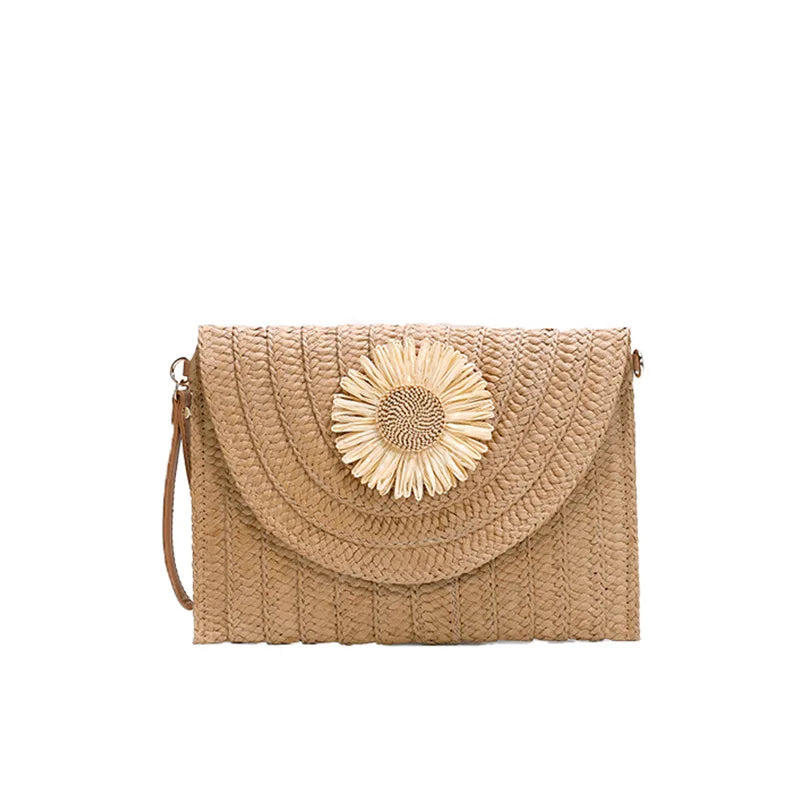 Handmade Woven Straw Envelope Clutch | Sophisticated Fur-Accent Shoulder Bag | Elegant Summer Crossbody Purse | "Dignified" Soft Beach Handbag for Versatile Vacation Styling Luxegan
