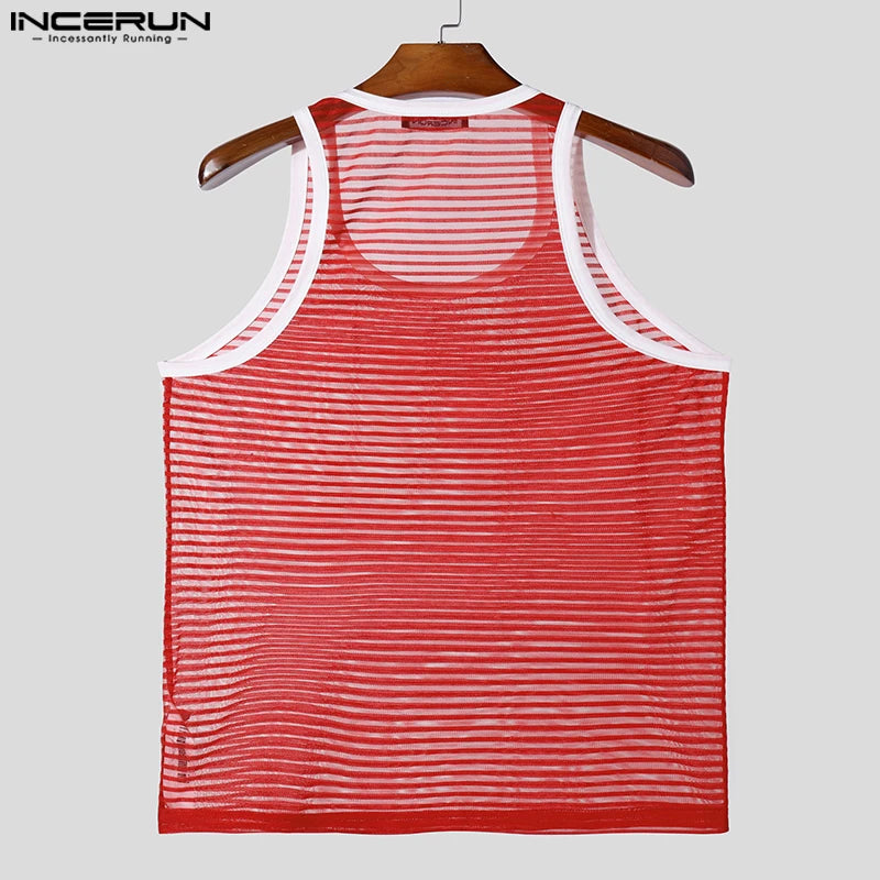 Camisetas informales de moda INCERUN nuevas camisetas sin mangas a rayas transparentes y sexys para hombre, chalecos finos ajustados para discoteca masculina